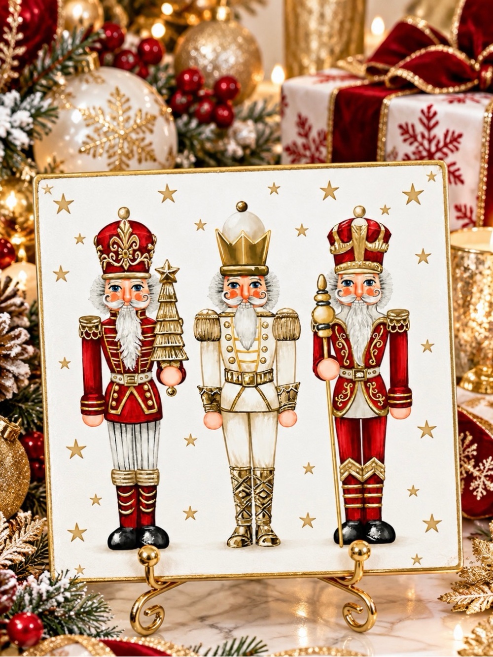 Hand Crafted Red and Gold Nutcracker Ceramic Coaster Stone with gold stand 4β